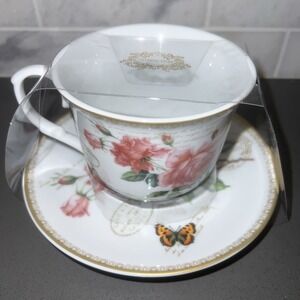 Kent Pottery Pink Roses Garden Floral Butterfly Tea Cup & Saucer Set 10 oz